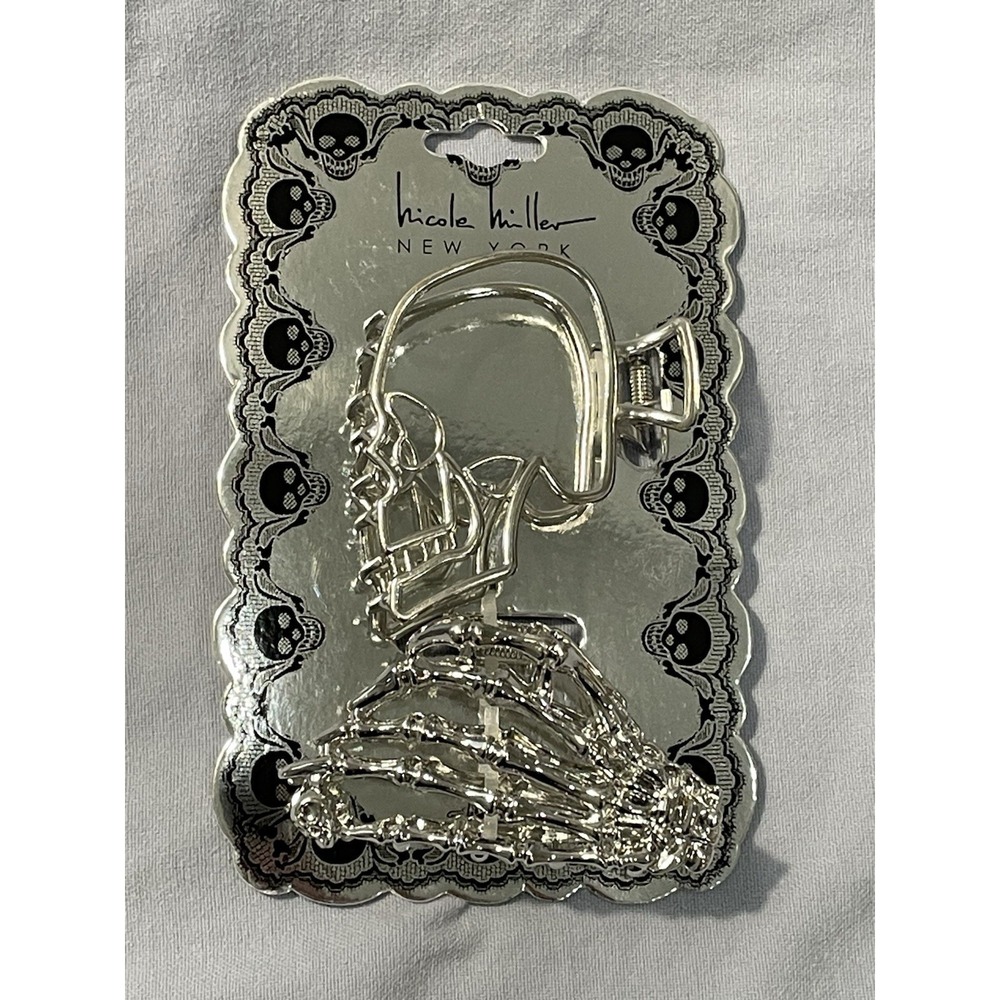 NEW Nicole Miller Skeleton Hair Clips 2pc Silver Metal Claw Halloween Skull Hand